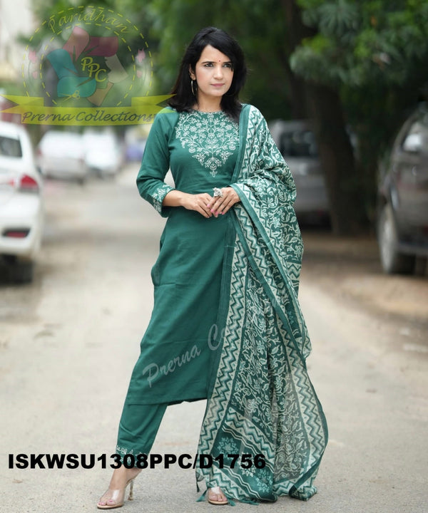 Handloom Cotton Kurti With Pant And Khadi Silk Kalamkari Printed Dupatta-ISKWSU1308PPC/D1756