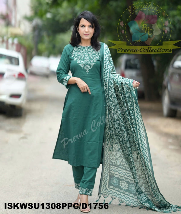Handloom Cotton Kurti With Pant And Khadi Silk Kalamkari Printed Dupatta-ISKWSU1308PPC/D1756