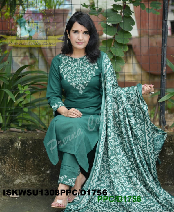 Handloom Cotton Kurti With Pant And Khadi Silk Kalamkari Printed Dupatta-ISKWSU1308PPC/D1756
