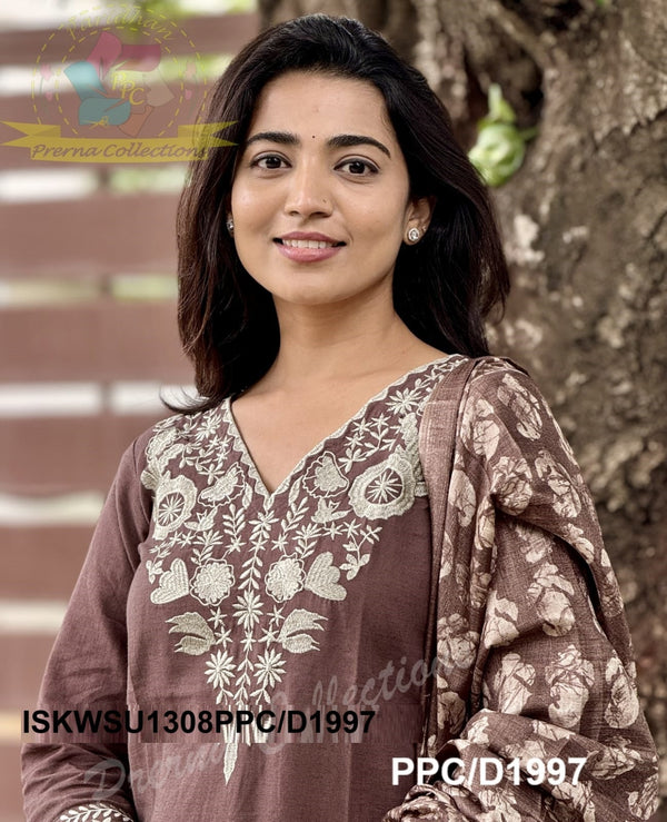 Embroidered Khadi Cotton Kurti With Pant And Printed Silk Dupatta-ISKWSU1308PPC/D1997