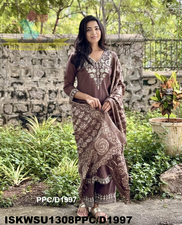 Embroidered Khadi Cotton Kurti With Pant And Printed Silk Dupatta-ISKWSU1308PPC/D1997