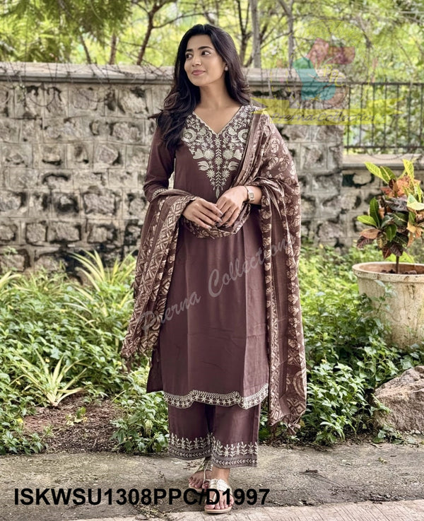 Embroidered Khadi Cotton Kurti With Pant And Printed Silk Dupatta-ISKWSU1308PPC/D1997