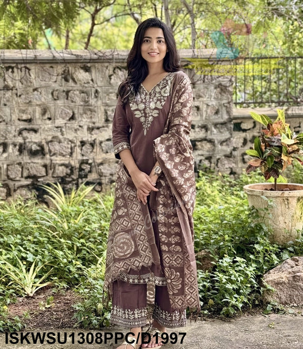 Embroidered Khadi Cotton Kurti With Pant And Printed Silk Dupatta-ISKWSU1308PPC/D1997