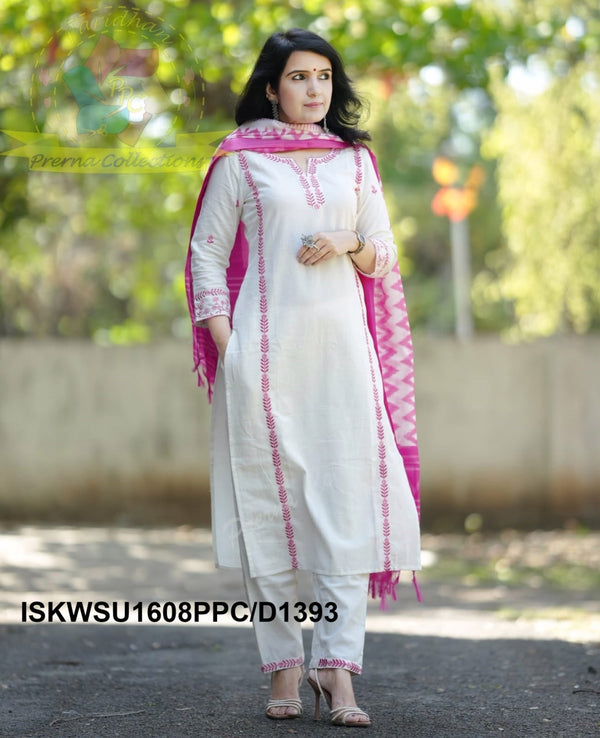 Handloom Cotton Kurti With Pant And Ikkat Printed Khadi Silk Dupatta-ISKWSU1608PPC/D1393