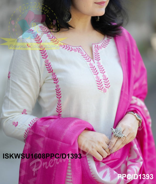 Handloom Cotton Kurti With Pant And Ikkat Printed Khadi Silk Dupatta-ISKWSU1608PPC/D1393