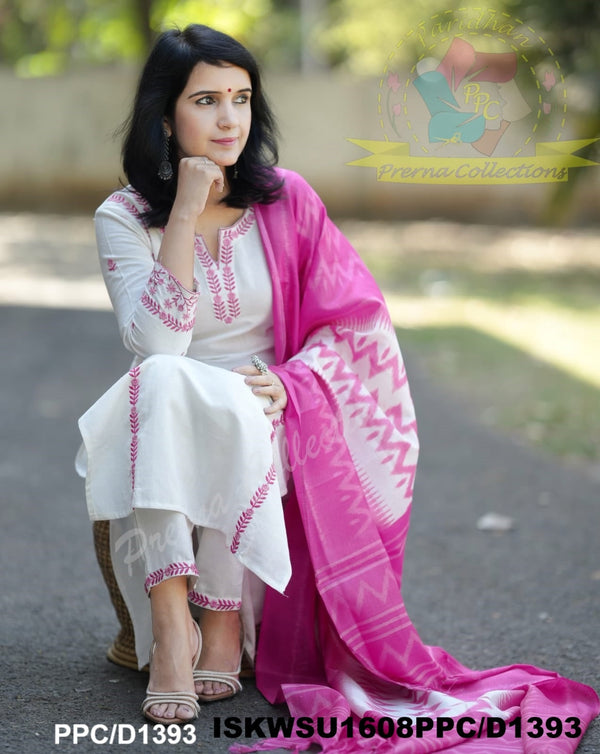 Handloom Cotton Kurti With Pant And Ikkat Printed Khadi Silk Dupatta-ISKWSU1608PPC/D1393