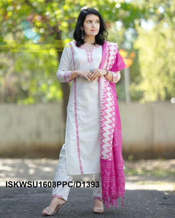 Handloom Cotton Kurti With Pant And Ikkat Printed Khadi Silk Dupatta-ISKWSU1608PPC/D1393