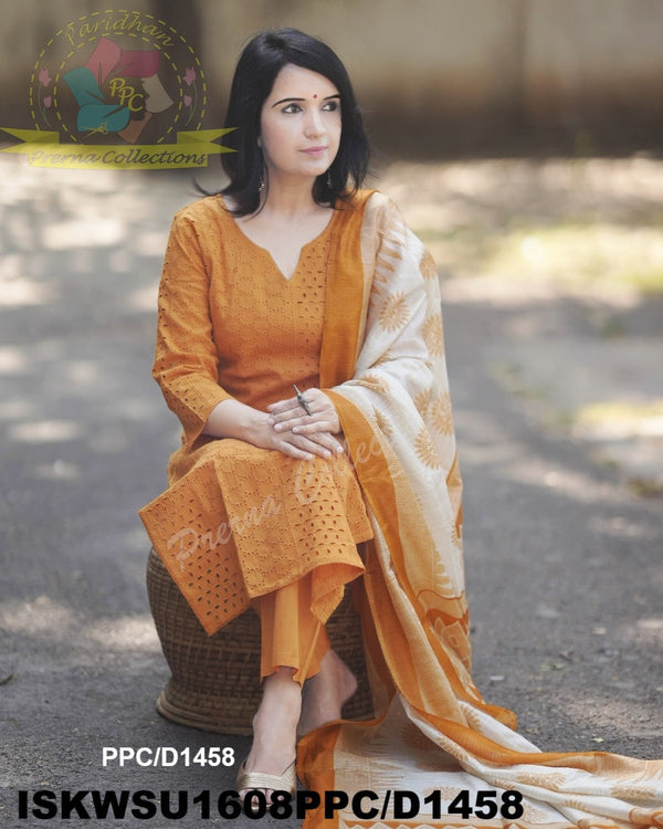 Cotton Schiffli Kurti With Pant And Ikkat Printed Khadi Silk Dupatta-ISKWSU1608PPC/D1458
