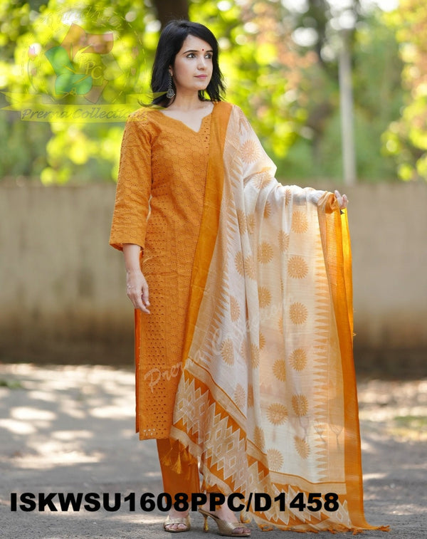 Cotton Schiffli Kurti With Pant And Ikkat Printed Khadi Silk Dupatta-ISKWSU1608PPC/D1458