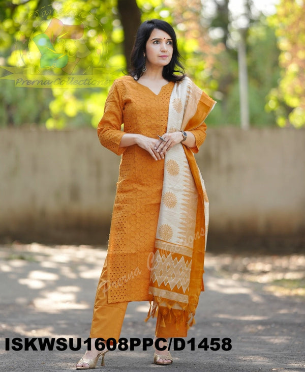 Cotton Schiffli Kurti With Pant And Ikkat Printed Khadi Silk Dupatta-ISKWSU1608PPC/D1458