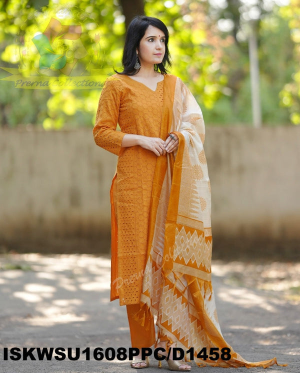 Cotton Schiffli Kurti With Pant And Ikkat Printed Khadi Silk Dupatta-ISKWSU1608PPC/D1458