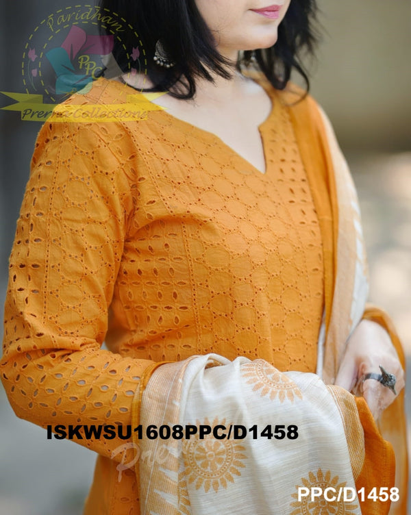 Cotton Schiffli Kurti With Pant And Ikkat Printed Khadi Silk Dupatta-ISKWSU1608PPC/D1458