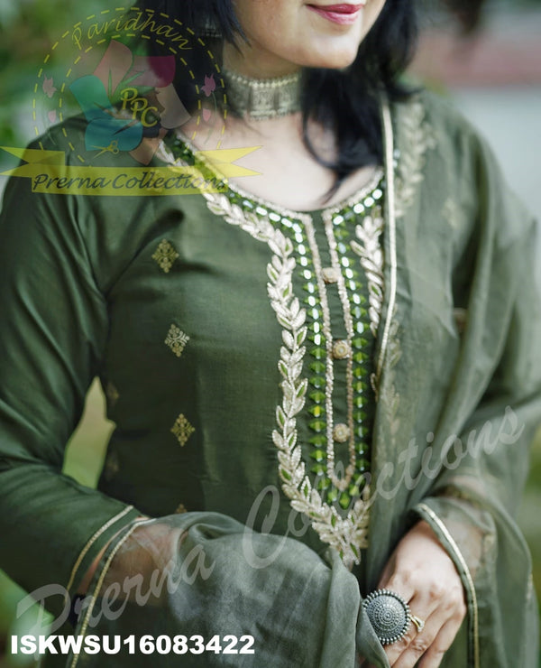 Embroidered Silk Kurti With Pant And Dupatta-ISKWSU18083422