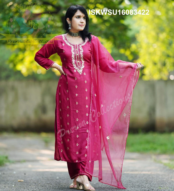 Embroidered Silk Kurti With Pant And Dupatta-ISKWSU18083422