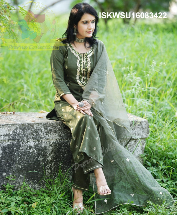 Embroidered Silk Kurti With Pant And Dupatta-ISKWSU18083422