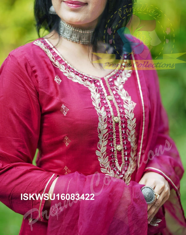 Embroidered Silk Kurti With Pant And Dupatta-ISKWSU18083422