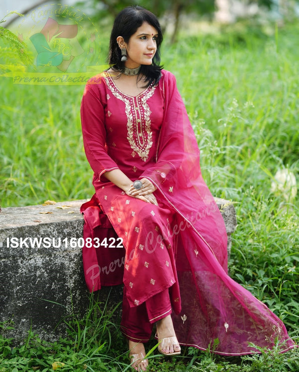 Embroidered Silk Kurti With Pant And Dupatta-ISKWSU18083422