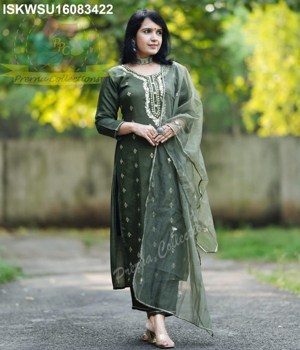 Embroidered Silk Kurti With Pant And Dupatta-ISKWSU18083422