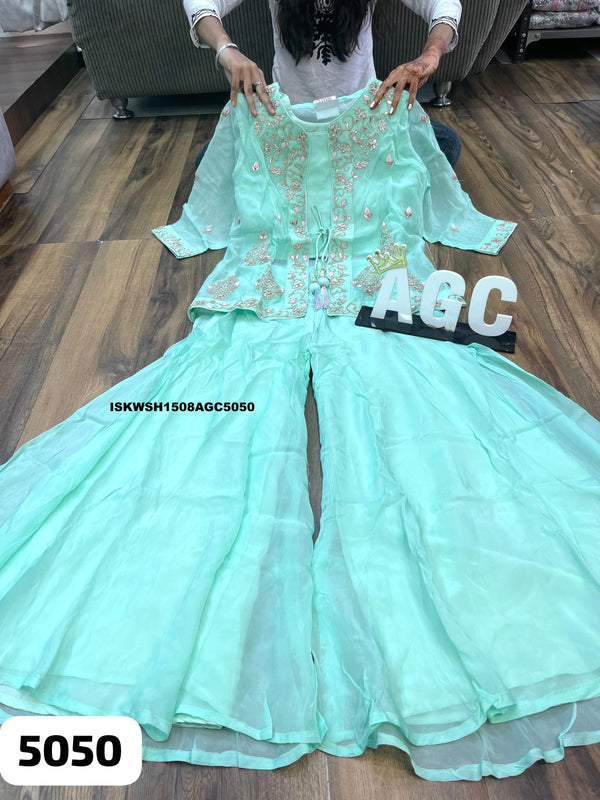 Embroidered Chinon Silk Crop Top With Sharara And Organza Jacket-ISKWSH1508AGC5050