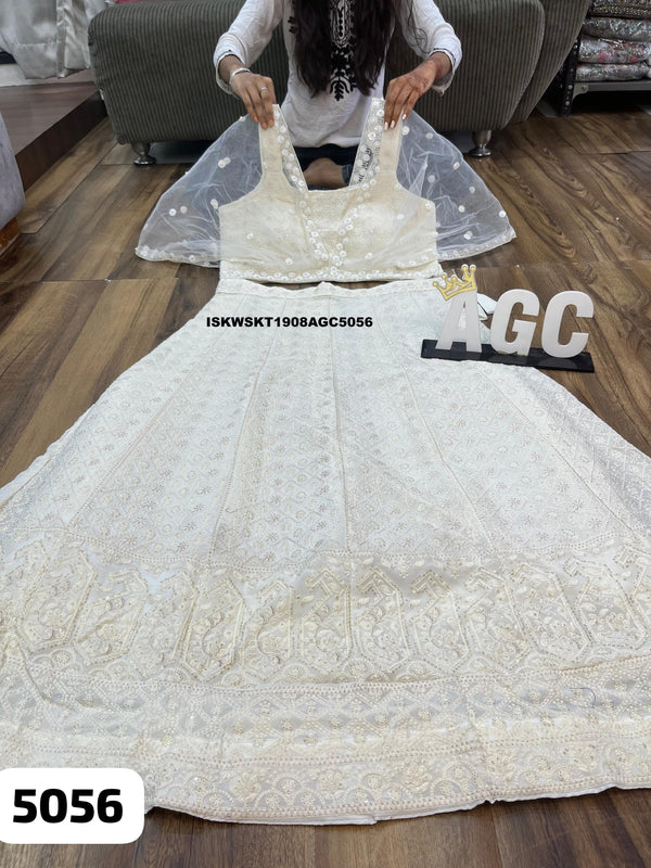Georgette Chikankari Crop Top Attached With Net Cowl And Chikankari Skirt-ISKWSKT1908AGC5056