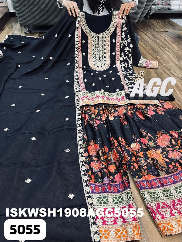 Embroidered Chinon Silk Kurti With Printed Sharara And Dupatta-ISKWSH1908AGC5055