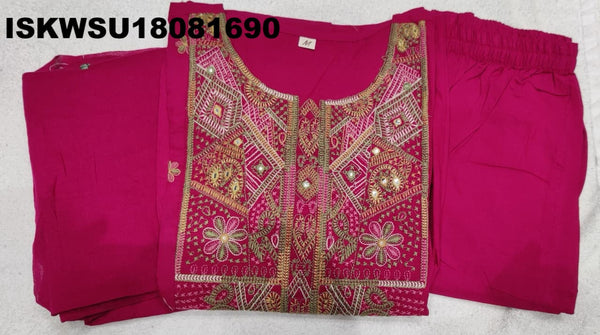 Embroidered Cotton Flared Kurti With Pant And Dyed Dupatta-ISKWSU18081690