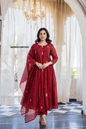 Embroidered Malmal Chanderi Flared Kurti With Pant And Dupatta-ISKWSU18081692