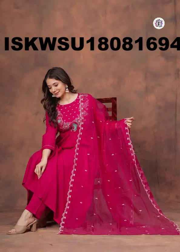 Embroidered Silk Anarkali Kurti With Rayon Pant And Organza Dupatta-ISKWSU18081694