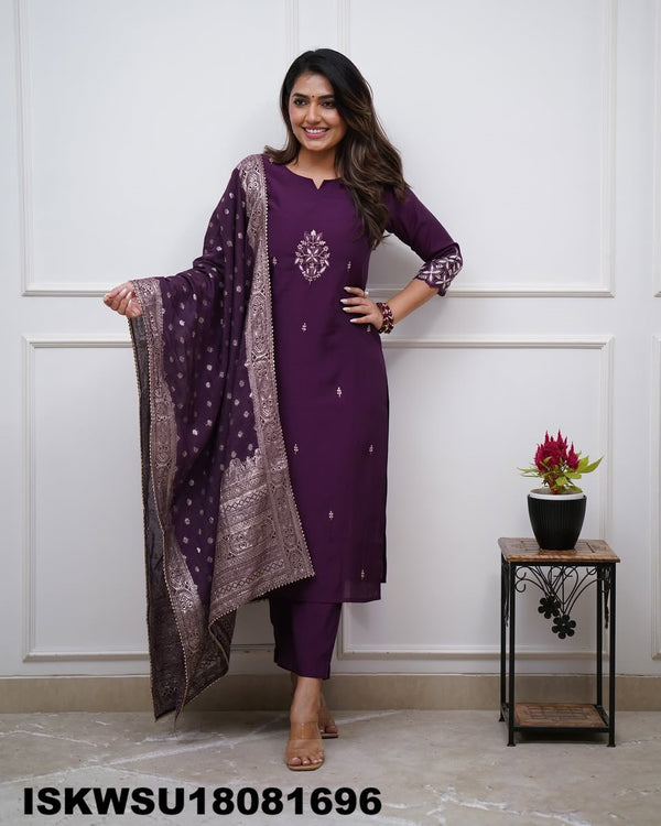 Embroidered Chanderi Kurti With Pant And Jacquard Dupatta-ISKWSU18081696
