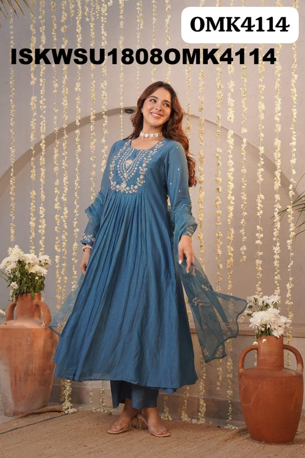 Embroidered Malmal Chanderi Anarkali Kurti With Shantoon Pant And Organza Dupatta-ISKWSU1808OMK4114
