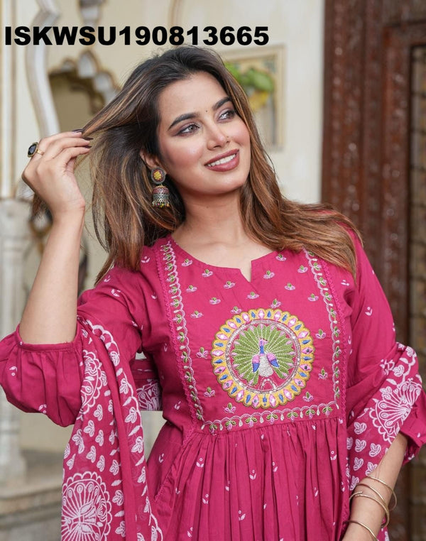 Printed Cotton A-Line Kurti With Pant And Dupatta-ISKWSU190813665