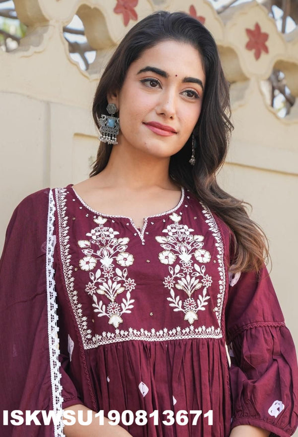 Bandhej Printed Cotton A-Line Kurti With Pant And Dupatta-ISKWSU190813671