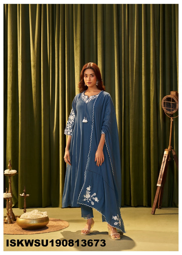 Embroidered Malmal Chanderi Kurti With Pant And Dupatta-ISKWSU190813673