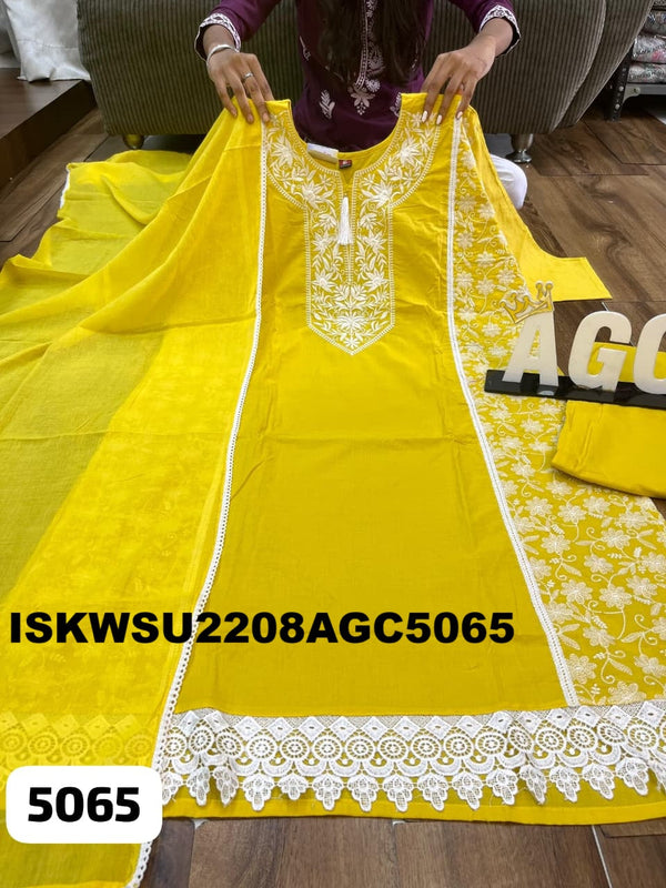 Embroidered Cotton Kurti With Maslin Pant And Dupatta-ISKWSU2208AGC5065