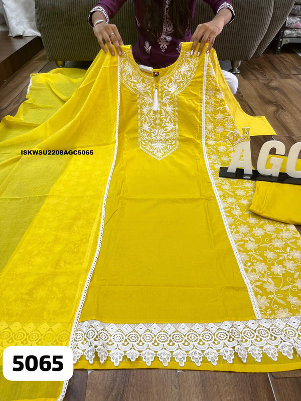 Embroidered Cotton Kurti With Maslin Pant And Dupatta-ISKWSU2208AGC5065