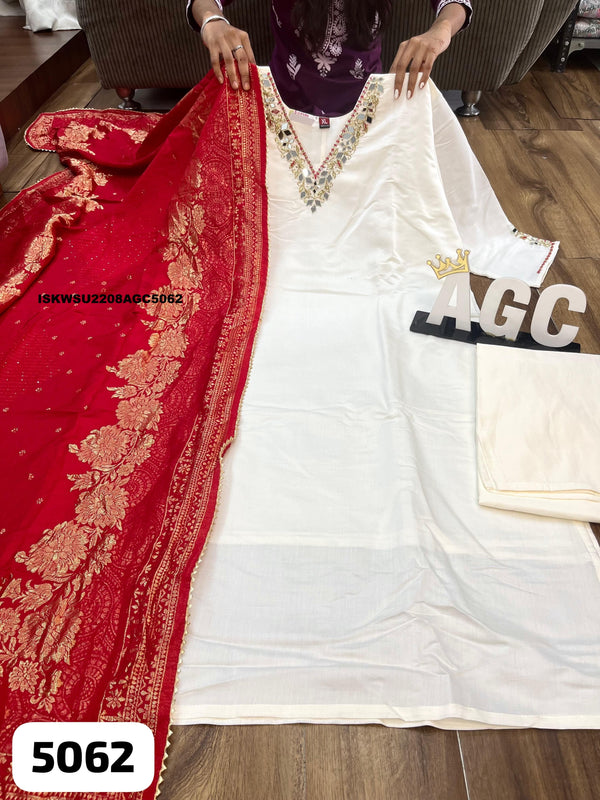 Embroidered Maslin Silk Kurti With Pant And Silk Dupatta-ISKWSU2208AGC5062