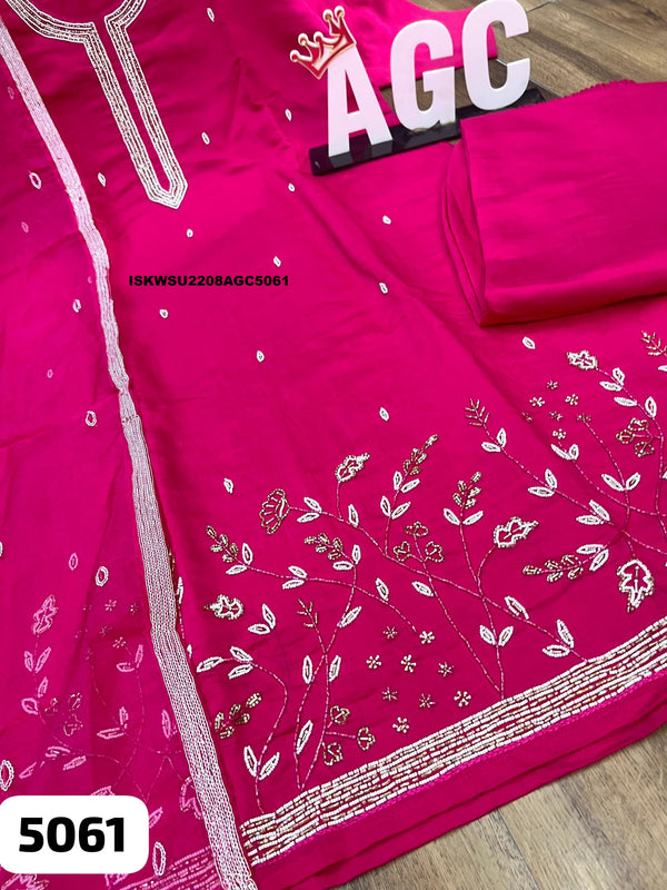Embroidered Maslin Silk Kurti With Pant And Organza Dupatta-ISKWSU2208AGC5061