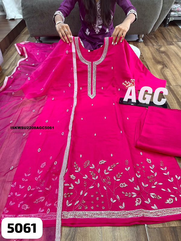 Embroidered Maslin Silk Kurti With Pant And Organza Dupatta-ISKWSU2208AGC5061