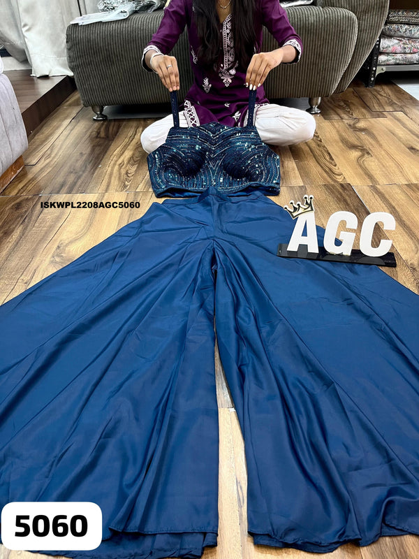 Embroidered Crepe Crop Top With Palazzo And Dupatta-ISKWPL2208AGC5060