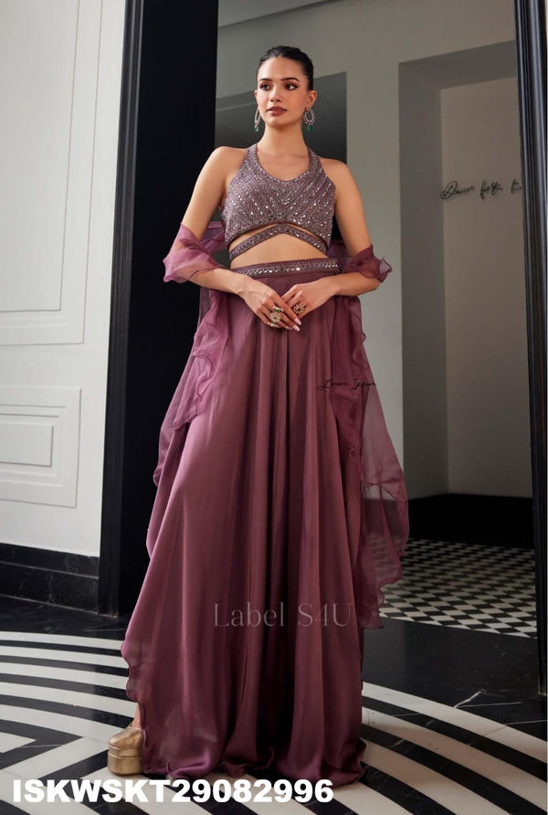 Silk Skirt With Embroidered Crop Top And Ruffle Dupatta-ISKWSKT29082996