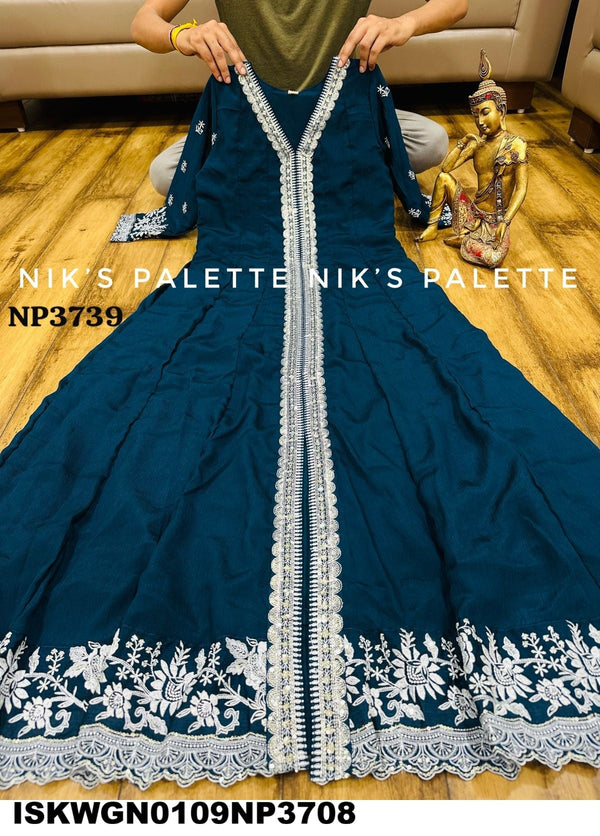 Embroidered Chinon Silk Front Slit Gown With Dupatta-ISKWGN0109NP3708