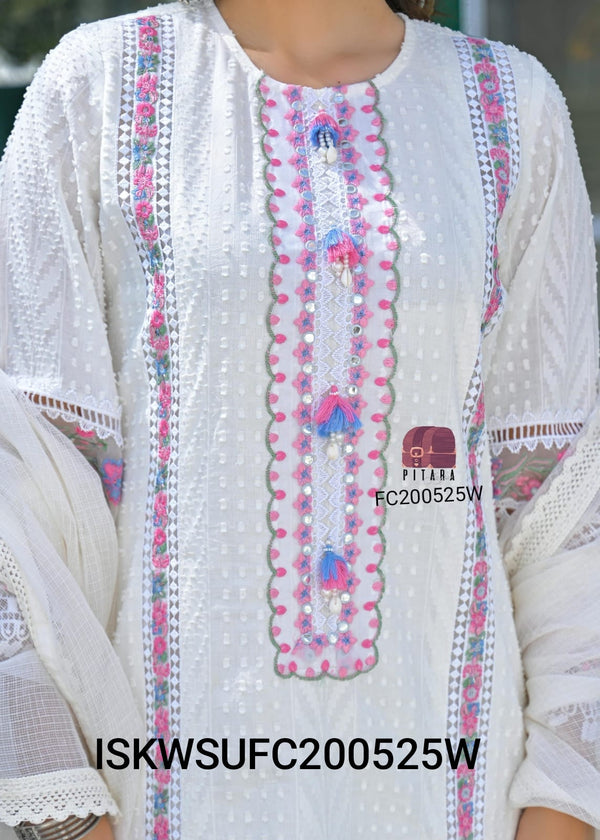 Embroidered Dobby Cotton Kurti With Pant And Dupatta-ISKWSUFC200525W