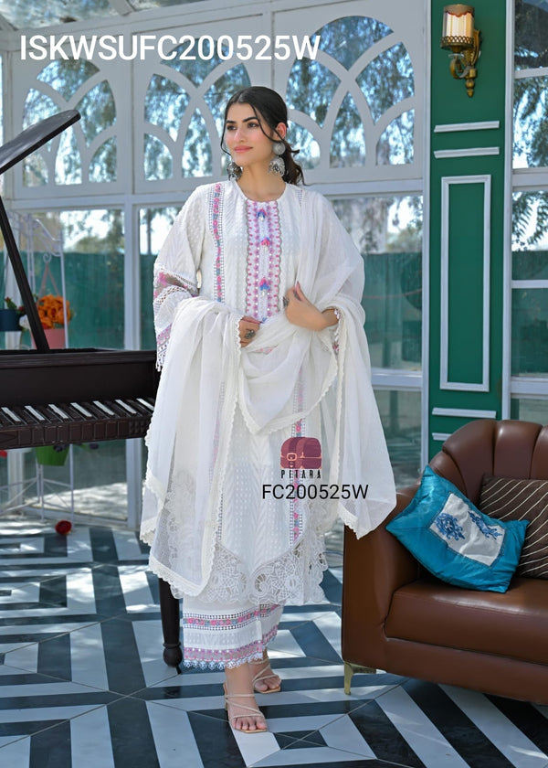 Embroidered Dobby Cotton Kurti With Pant And Dupatta-ISKWSUFC200525W