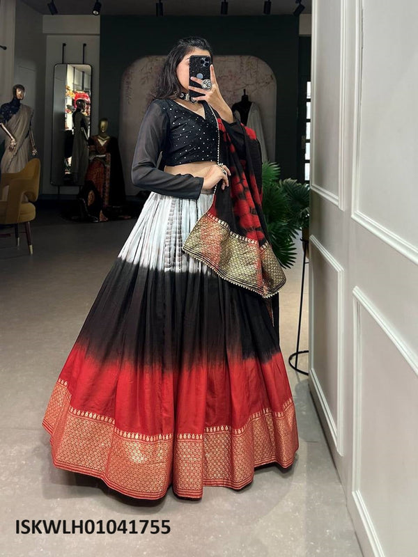 Shibori Printed Chanderi Lehenga With Silk Blouse And Chanderi Dupatta-ISKWLH01041755