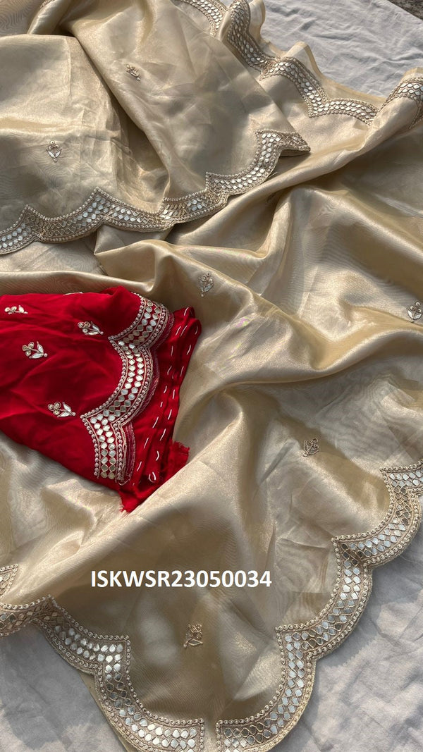 Embroidered Tissue Silk Saree With Contrast Blouse-ISKWSR23050034