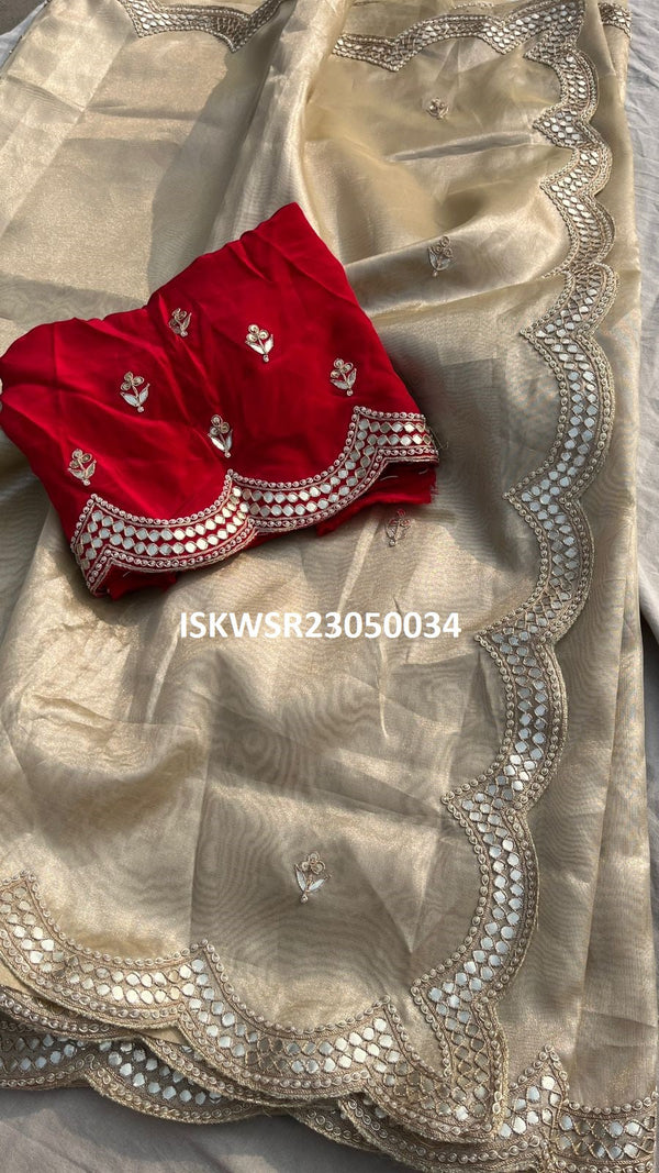 Embroidered Tissue Silk Saree With Contrast Blouse-ISKWSR23050034