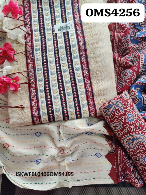 Handloom Cotton Kurti With Ajrakh Printed Cotton Bottom And Dupatta-ISKWFBL0406OMS4256