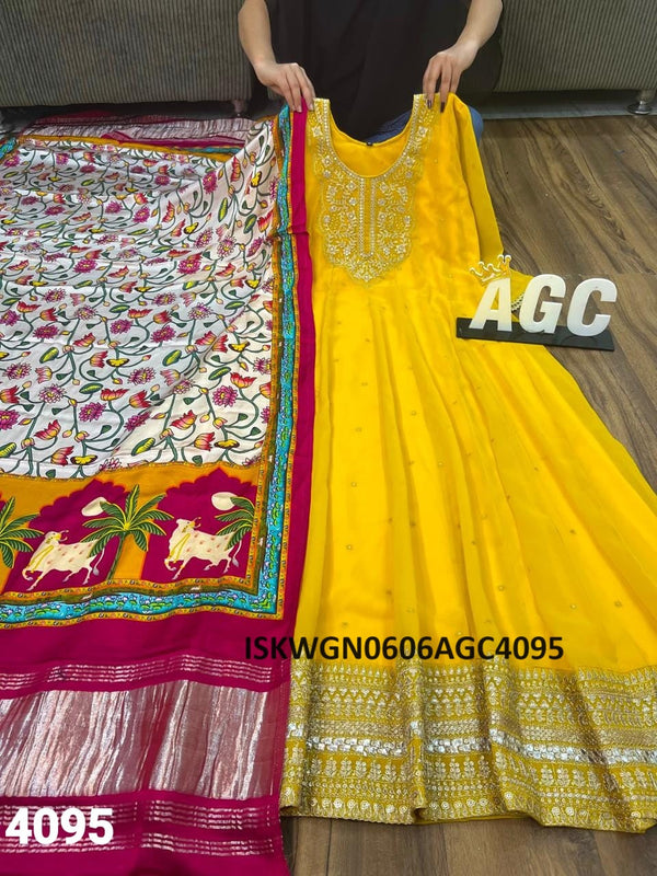 Embroidered Georgette Gown With Printed Gaji Silk Dupatta-ISKWGN0606AGC4095