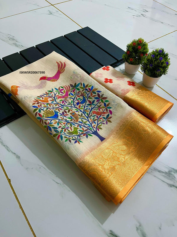 Digital Printed Linen Saree With Blouse-ISKWSR20067390