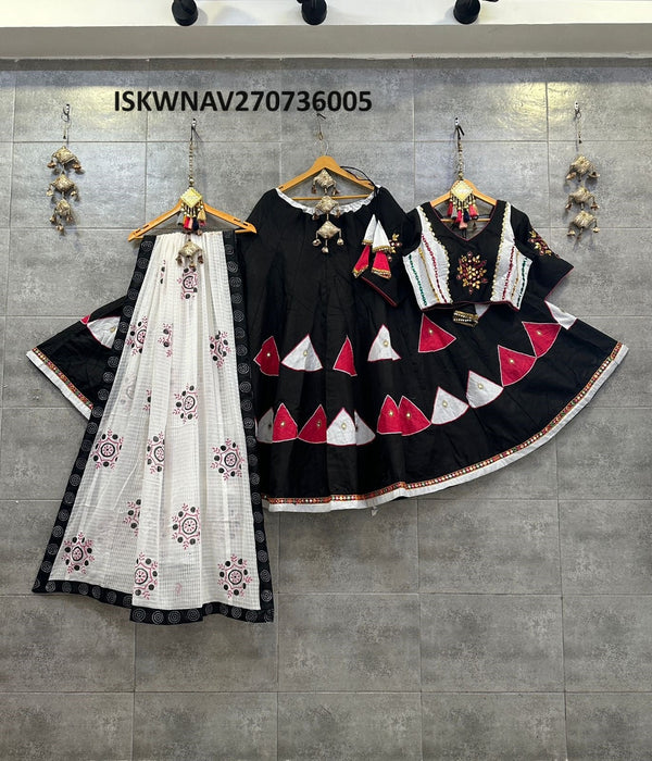 Embroidered Cotton Lehenga With Blouse And Hand Block Printed Malmal Cotton Dupatta-ISKWNAV270736005